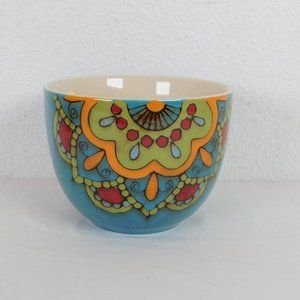 Pottery Bowl Multicolor Art Deco Ceramic Glossy Hand Painted Blue Bohemian 5" H